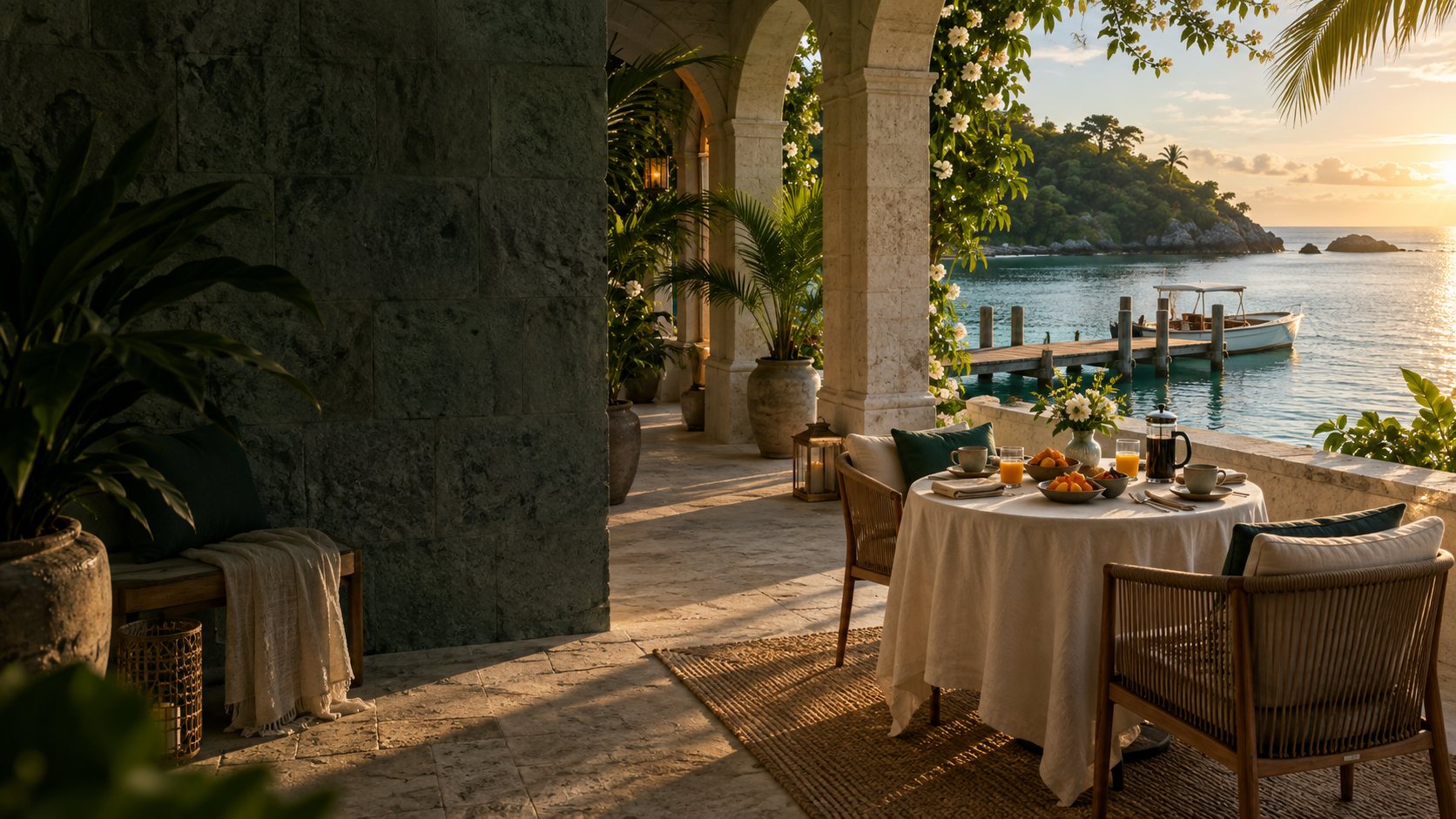 A private-island hotel terrace at sunset: breakfast laid on a linen table under stone arches, a launch tied up at the dock, the reef beyond